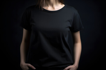 Front  view of young woman in stylish t-shirt on black background. Mockup for design