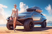 Young Woman Stands By Futuristic Car On Beach, Girl Model Near Luxury SUV, Generative AI