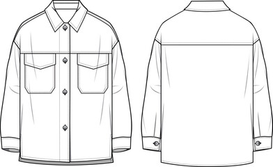 Unisex Oversized Shacket- Technical fashion illustration. Front and back, white color. Unisex CAD mock-up