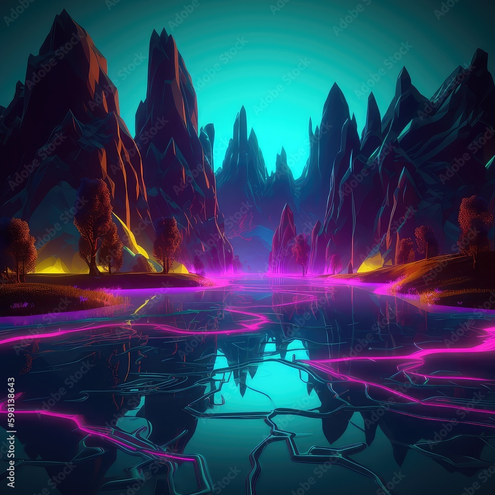 Fantasy world, neon magic lake, neon vj loop, dj loop, music video ...