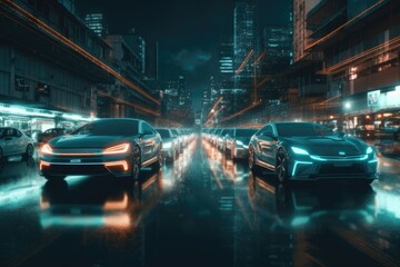 Wall Mural - The cars are connected to each other at night, in the style of techno-futuristic. Generative AI