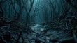 Creepy forest at night, scary crooked trees in dark fairy tale wood, generative AI.