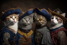Cats Dressed As Musketeers, Funny Pets As Heroes Of Famous Novel, Generative AI.