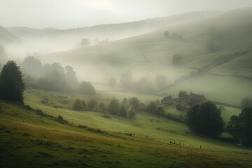 Wall Mural - The rolling hills were draped in a mystical mist, hinting at the magic that lay just beyond. Generative AI