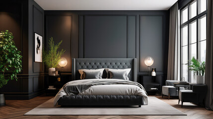 Wall Mural - bedroom with sleek black decor, a wooden floor, a king-size bed, and a large window. Generative AI