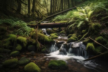 Wall Mural - Tranquil forest stream at midday, featuring a rushing waterfall cascading over mossy rocks and a fallen log crossing the water. Generative AI