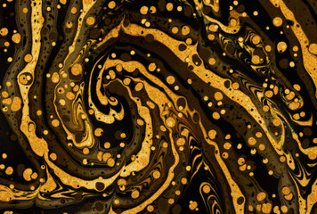 A swirly inkscape marbling image in blacks, browns, and gold glitter. Paint marbling, ink marbling, suminagashi.