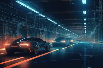 Wall Mural - Vehicles on street connected to car tracks, in the style of futuristic settings. Generative AI