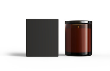 Amber glass candle jar with lid and box isolated on transparent background, container candle mockup