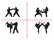 Karate Player Vector Design And Illustration. Karate Silhouettes. Vector Set Of Karate Fighting Players In Various Poses.