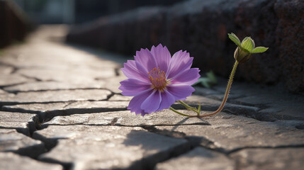 Beauty in adversity, Purple flower growing on crack street Generative AI