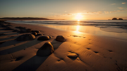 Poster - The sun is setting on the beach with rocks in the sand. AI generative image