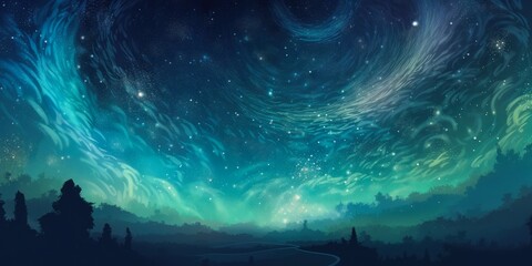 celestial background starry sky swirling night stars road young harmony swirly clouds bright green swirls coming similar bifrost engine amazingly composed infinite, generative ai