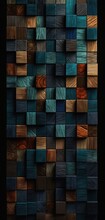 Tiled Wooden Blocks Closeup Wall Different Color Stunning Mosaic Blue Tone Witcher Cubist, Generative Ai
