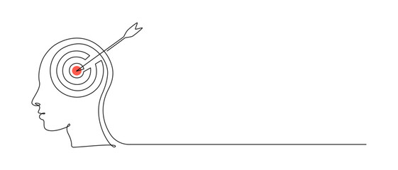 Aufkleber - One continuous line drawing of head with target and arrow. Mental health and success focus concept in simple linear style. Editable stroke. Doodle vector illustration Generative AI
