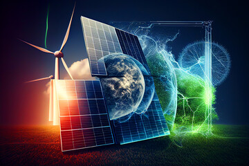 Wall Mural - Solar panel and Wind Turbine concept. Solar energy from solar panels. Photovoltaic, alternative source of Solar electricity. Renewable energy, green energy, wind turbines, Ai Generative illustration.