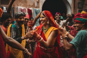 Wall Mural - A group of indian people celebrating outdoors. AI generative image.