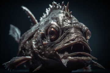 deep sea fish humpback anglerfish close up, terrifying fish with wide open mouth, generative AI