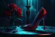 Black tango shoes, high heel stilettos on a black background decorated with rose flower. Dark cyan and red background, AI generative.
