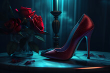 Black Tango Shoes, High Heel Stilettos On A Black Background Decorated With Rose Flower. Dark Cyan And Red Background, AI Generative.