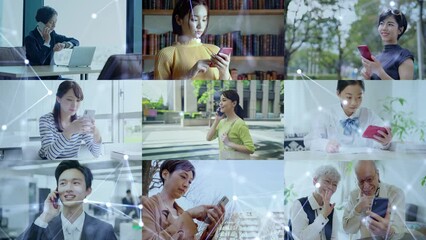 Poster - スマホを使う人々とネットワークイメージのコラージュ映像　白バックからのワイプトランジション