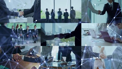 Poster - Collage movie of various business scenes. Communication network concept. Wipe transition from white background.