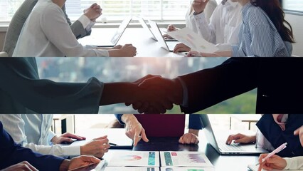 Poster - Collage movie of various business scenes concept. Wipe transition from white background.