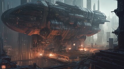 Wall Mural - wartorn futuristic city with giant spaceship, digital art illustration, generative ai
