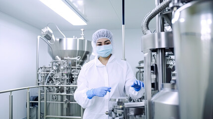 Wall Mural - A man in protective clothing working on equipment. Pharmaceautical clean room, industrial design, large scale chemical production in controlled sterile conditions, AI generative