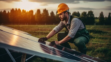 Installation, Assembly And Tuning Of Solar Panels On A Field On A Sunset. Engineer, Caucasian Male Worker Fixing A Panel. Clean, Renewable Energy Concept, Generative AI