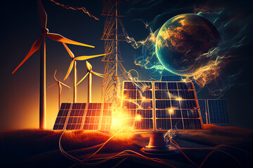 Wall Mural - Solar panel and Wind Turbine concept. Solar energy from solar panels. Photovoltaic, alternative source of Solar electricity. Renewable energy, green energy, wind turbines, Ai Generative illustration.