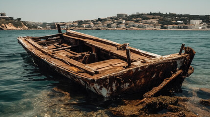  an old boat wreck lies on the shore. Generative AI