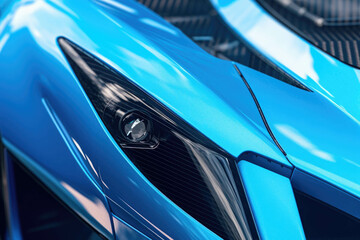 Wall Mural - Closeup of a bright blue drag racing car with a bright white racing stripe and a silver grille. Speed drive concept. AI generation. Generative AI