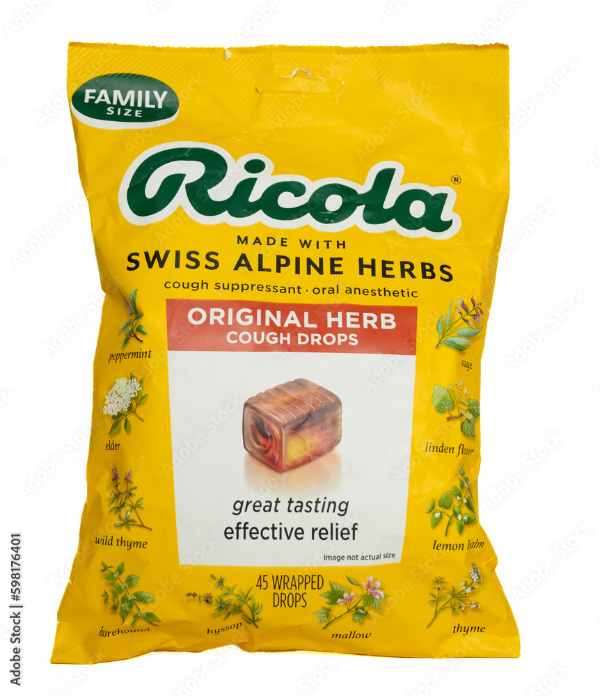 What Is Ricola A bag of Ricola Original Herb cough drops isolated on a white ...