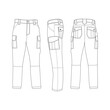 © didiwidjanarko - White technical sketch of mens cargo pants vector template, front, back and side view, isolated on white background, editable color and stroke.