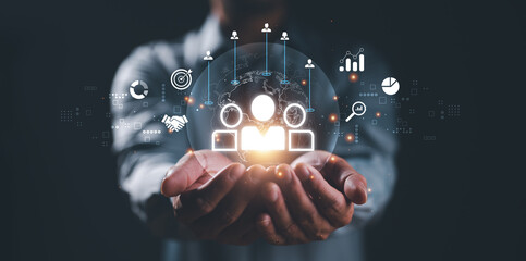 Poster - Customer Relationship Management, Businessman use tablet with global structure customer network technology, Data exchanges development. customer service, social media. digital marketing online.