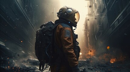Wall Mural - apocalyptic astronaut, digital art illustration, generative ai