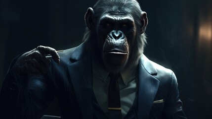 Wall Mural - ape wearing suit, digital art illustration, Generative AI