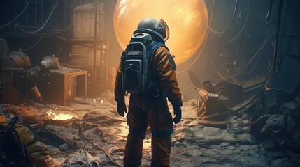 Wall Mural - apocalyptic astronaut, digital art illustration, generative ai