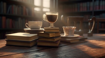 aromatic coffee over books, digital art illustration, Generative AI