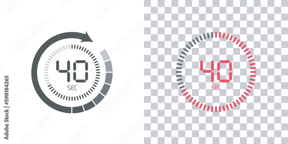 Timer, 40 seconds, stopwatch vector icon. Stopwatch icon in flat style, 40 seconds Countdown timer symbol icon on white and transparent background. Vector illustration.