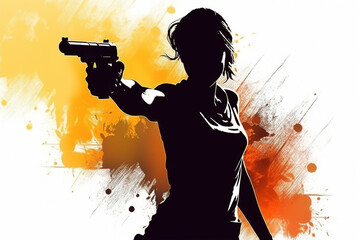 Silhouette of woman with gun, a faceless female person holding weapon to side. Murder, crime, aggression, female defense art illustration concept. Generative AI