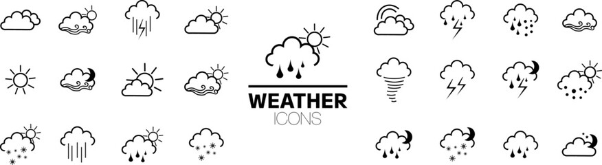 Weather icons. Weather forecast icon set.Weather forecast - outline web icon set, vector, thin line icons collection.Weather , clouds, sunny day, moon, snowflakes, wind, sun day. . Vector illustration