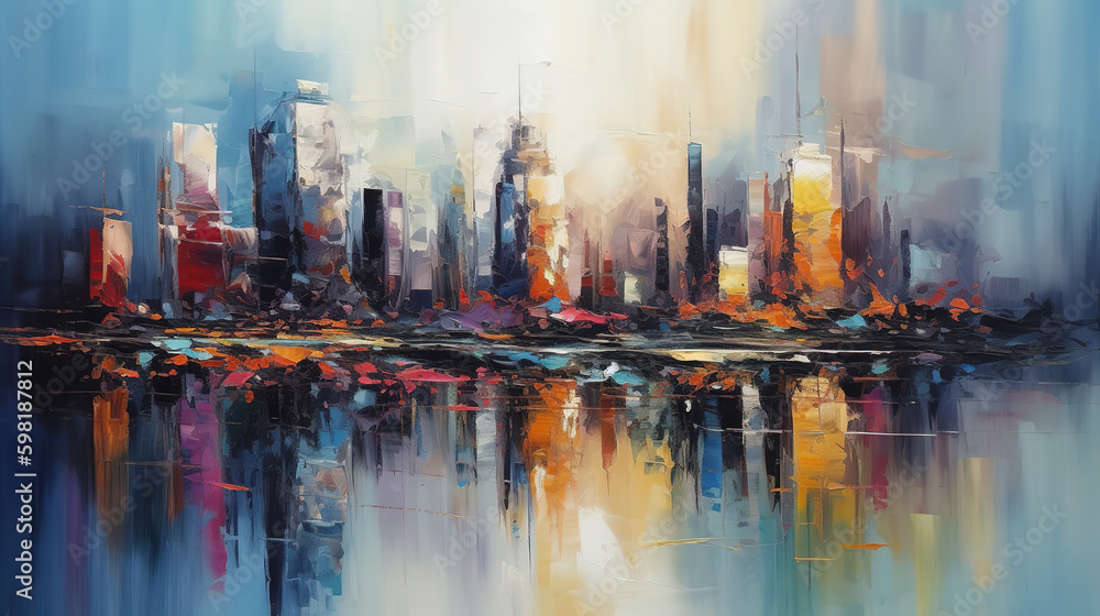 Panorama of a large modern metropolis on the ocean or river. Painting ...