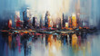 Panorama of a large modern metropolis on the ocean or river. Painting in the technique of abstract oil painting. AI generative image.