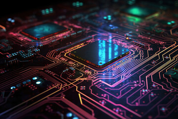 Abstract technology background with futuristic computer microcircuit board. AI generative image.