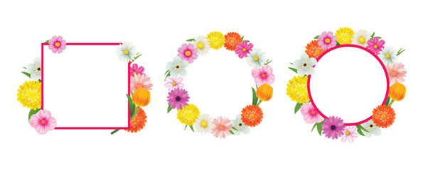 Wall Mural - hello spring circle frame greeting card and flowers decoration.