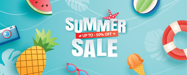 Wall Mural - Summer sale with decoration origami on blue sky background. Paper art and craft style.