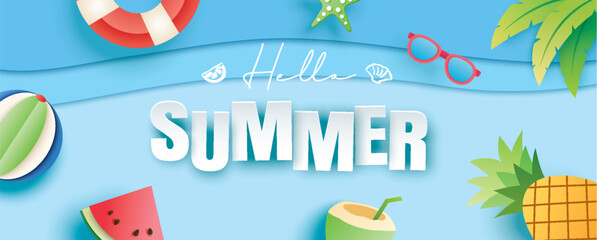 Wall Mural - Hello summer with decoration on blue background. Paper art and craft style.