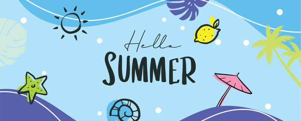 Wall Mural - Hello summer with decoration on blue background.